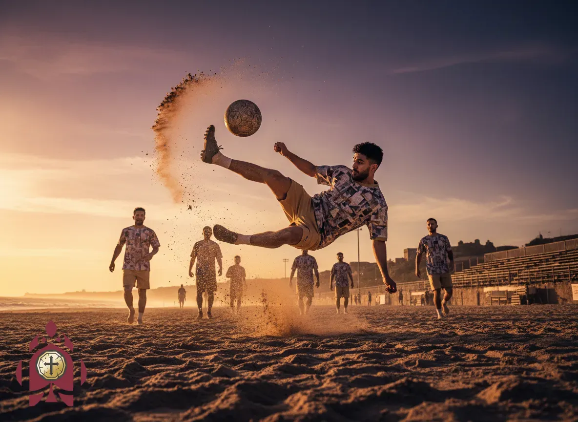 Akrobatischer Fallrückzieher bei einem offiziellen Beach-Soccer-Turnier